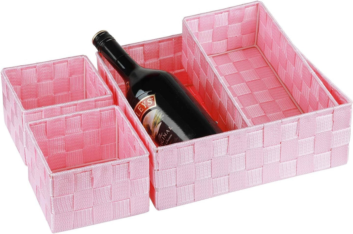 Woven Storage Baskets for Organizing, Small Baskets Cube Bin Container Tote Organizer Divider for Drawer, Closet, Shelf, Dresser, Set of 4(Pink)