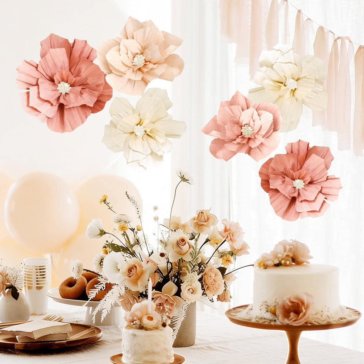 Beige Sweet Peach Paper Flowers Boho Party Decorations Artificial 3D Wall Décor Birthday Baby Shower Wedding Bridal Bachelorette Peach Beige Room Backdrop Centerpieces Girls Women Party