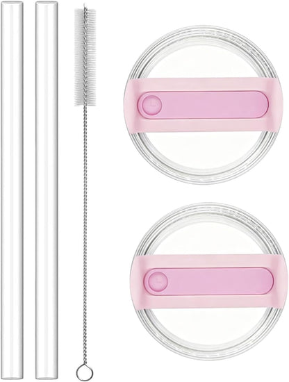 2pcs Tumbler Lid Fit for Stanley 40oz Cup,Replacement 40 oz Tumbler Lid,2Pcs Extra Long Reusable Straws and 1Pcs Cleaning Brush (Light Pink)