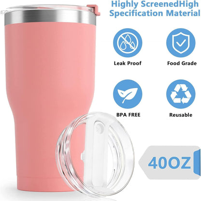 2pcs Tumbler Lid Fit for Stanley 40oz Cup,Replacement 40 oz Tumbler Lid,2Pcs Extra Long Reusable Straws and 1Pcs Cleaning Brush (Light Pink)