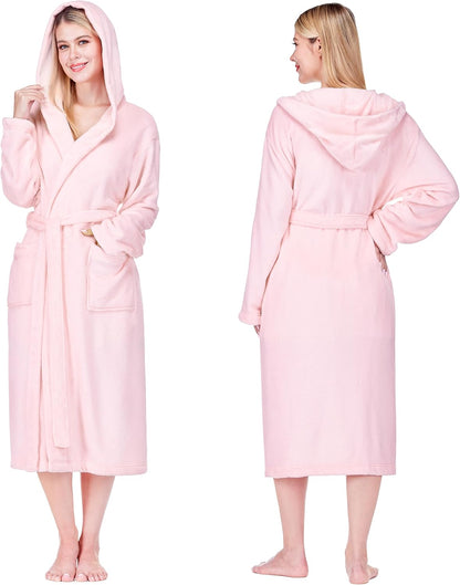 Womens Hooded Fleece Robe, Soft Plush Long Bathrobe with Hood