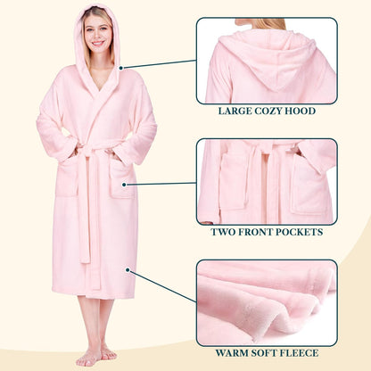 Womens Hooded Fleece Robe, Soft Plush Long Bathrobe with Hood