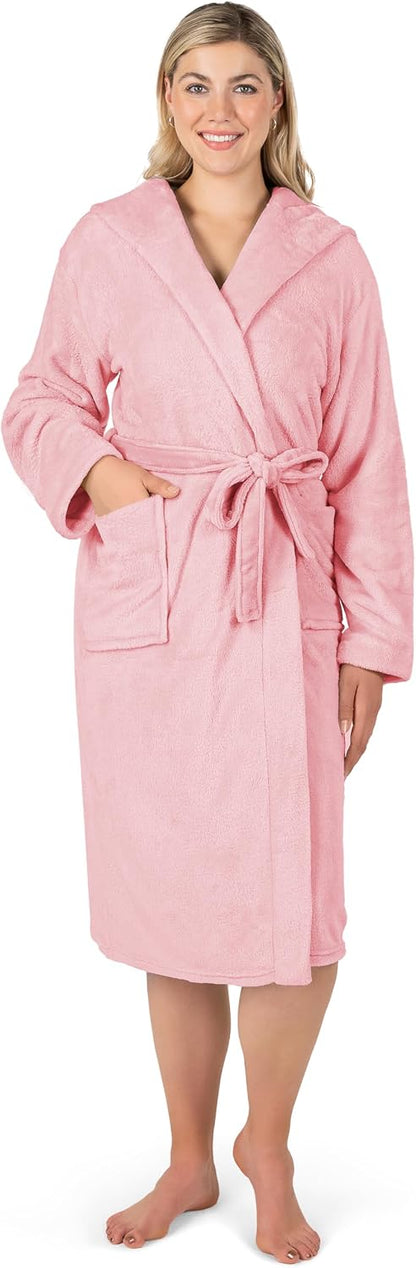 Womens Hooded Fleece Robe, Soft Plush Long Bathrobe with Hood