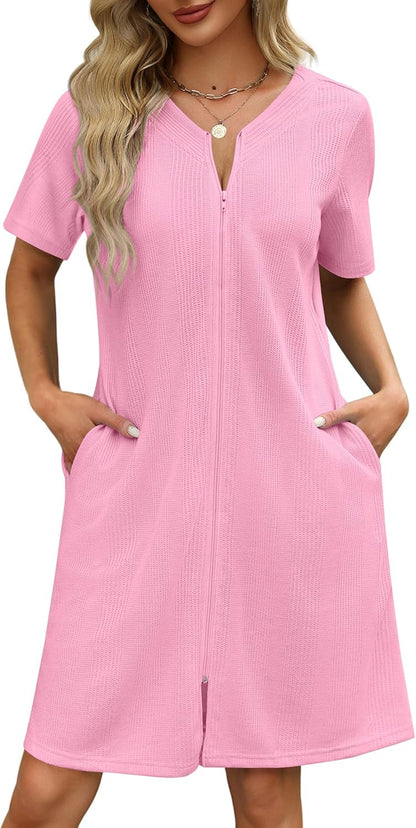 Women Zipper Robe Waffle Bathrobe Short House Coat with Pockets