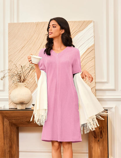 Women Zipper Robe Waffle Bathrobe Short House Coat with Pockets