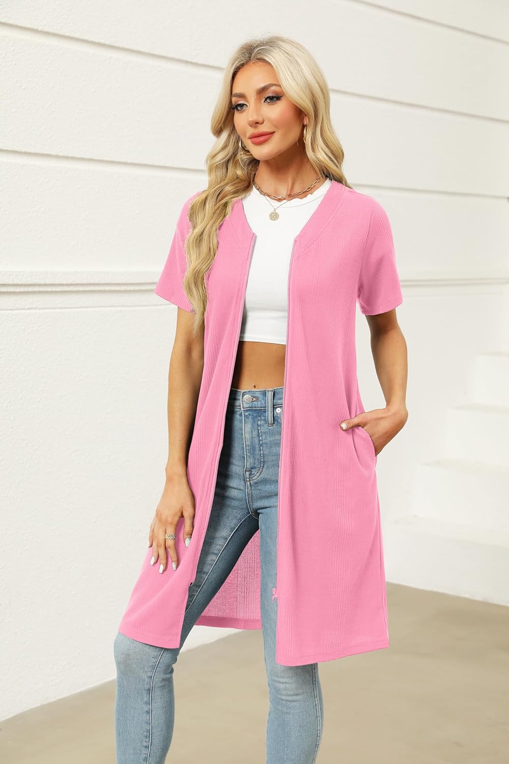 Women Zipper Robe Waffle Bathrobe Short House Coat with Pockets