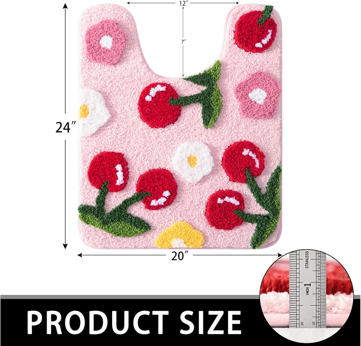 Anybar Pink Cherry Toilet Rug & Mat U-Shaped 20"x24" - Soft Microfiber Contour Bath Rug Absorbent Non-Slip Bathroom Toilet Rugs Plush Bathroom Mat for Toilet Base Machine Washable Shaggy Bath Decor