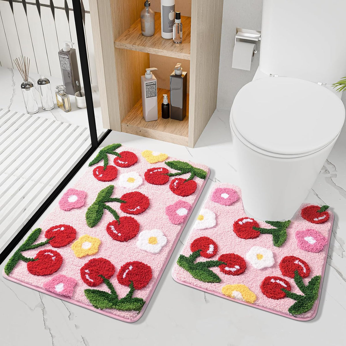 Anybar Pink Cherry Toilet Rug & Mat U-Shaped 20"x24" - Soft Microfiber Contour Bath Rug Absorbent Non-Slip Bathroom Toilet Rugs Plush Bathroom Mat for Toilet Base Machine Washable Shaggy Bath Decor