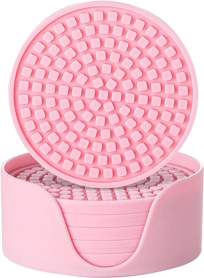 Silicone Drink Coasters with Holder, Set of 6, Outdoor Cup Mat for Hot or Cold Drinks, Thickened, Non-Slip,Non-Stick, Pink