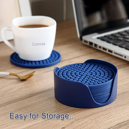 Silicone Drink Coasters with Holder, Set of 6, Outdoor Cup Mat for Hot or Cold Drinks, Thickened, Non-Slip,Non-Stick, Pink