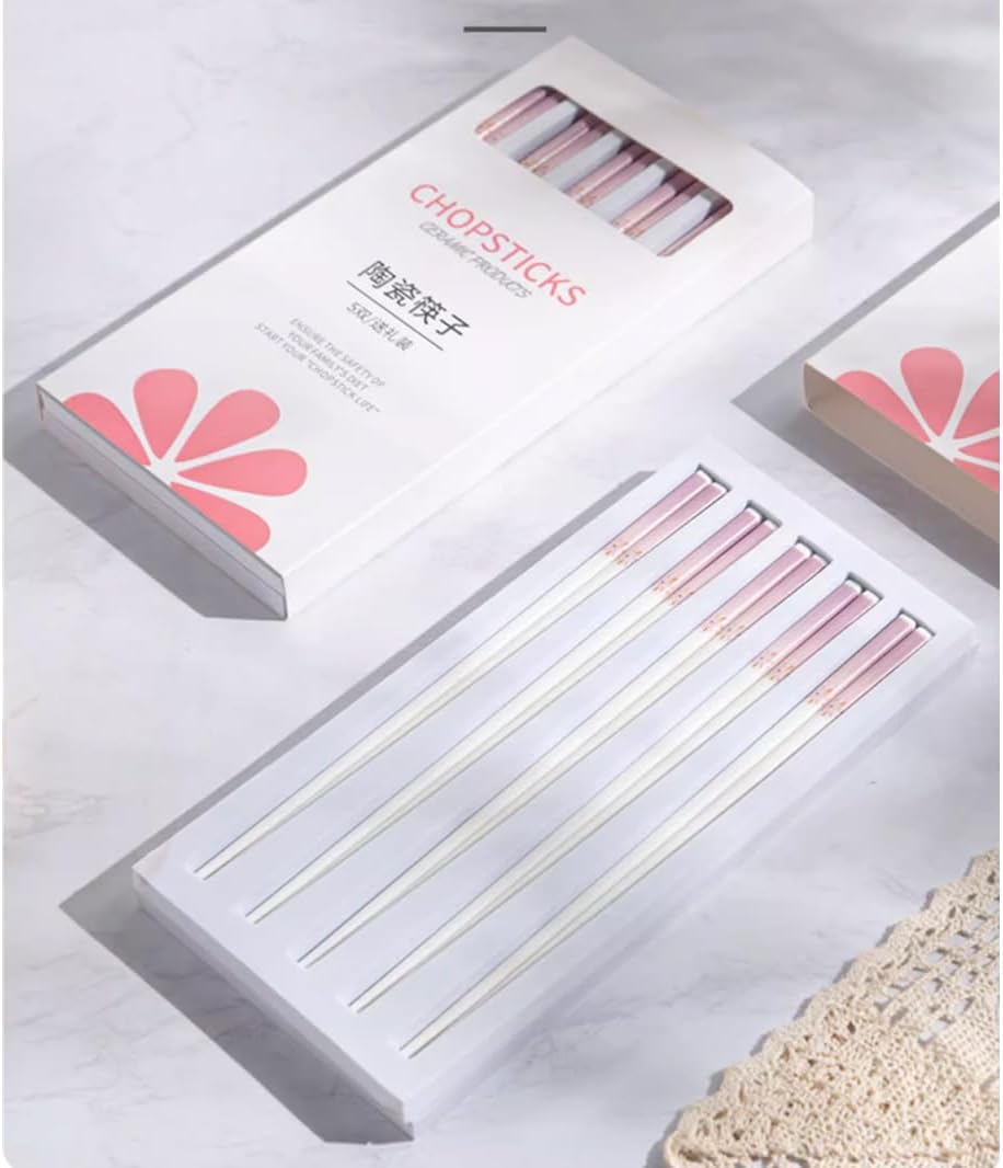 Pink Porcelain Chopsticks Set Gift Box,5 Pairs Premium Reusable Dishwasher Safe Chopsticks Gift Set With Case, High-grade Bone Ceramics Chopsticks With Delicate Box Pink