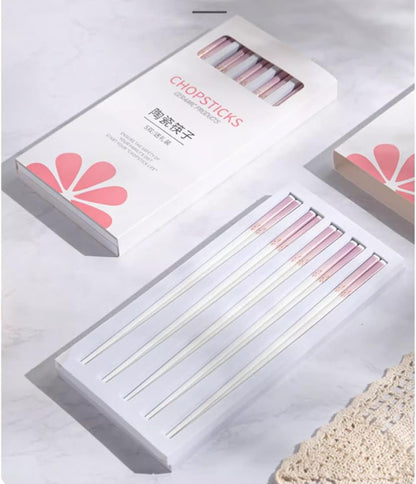 Pink Porcelain Chopsticks Set Gift Box,5 Pairs Premium Reusable Dishwasher Safe Chopsticks Gift Set With Case, High-grade Bone Ceramics Chopsticks With Delicate Box Pink