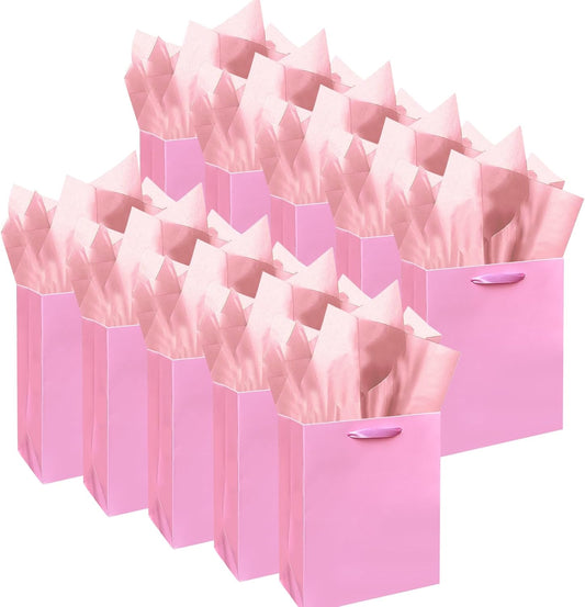 10PCS Pink Mini Gift Bags with Tissue Paper Handles 6.3"x4.7"x2.4" Small Size Present Party Favor Bags（Tissue Paper ）