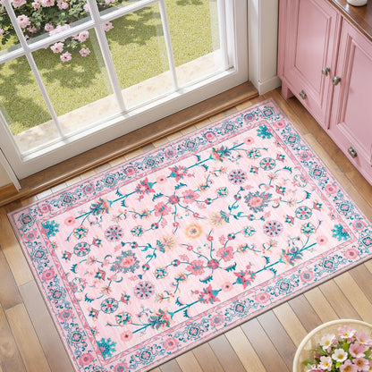 Pink Floral Small Rug for Entryway,2x3 Washable Entry Rug Non Slip