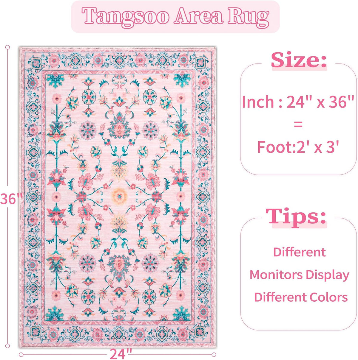 Pink Floral Small Rug for Entryway,2x3 Washable Entry Rug Non Slip