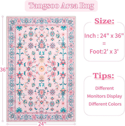 Pink Floral Small Rug for Entryway,2x3 Washable Entry Rug Non Slip