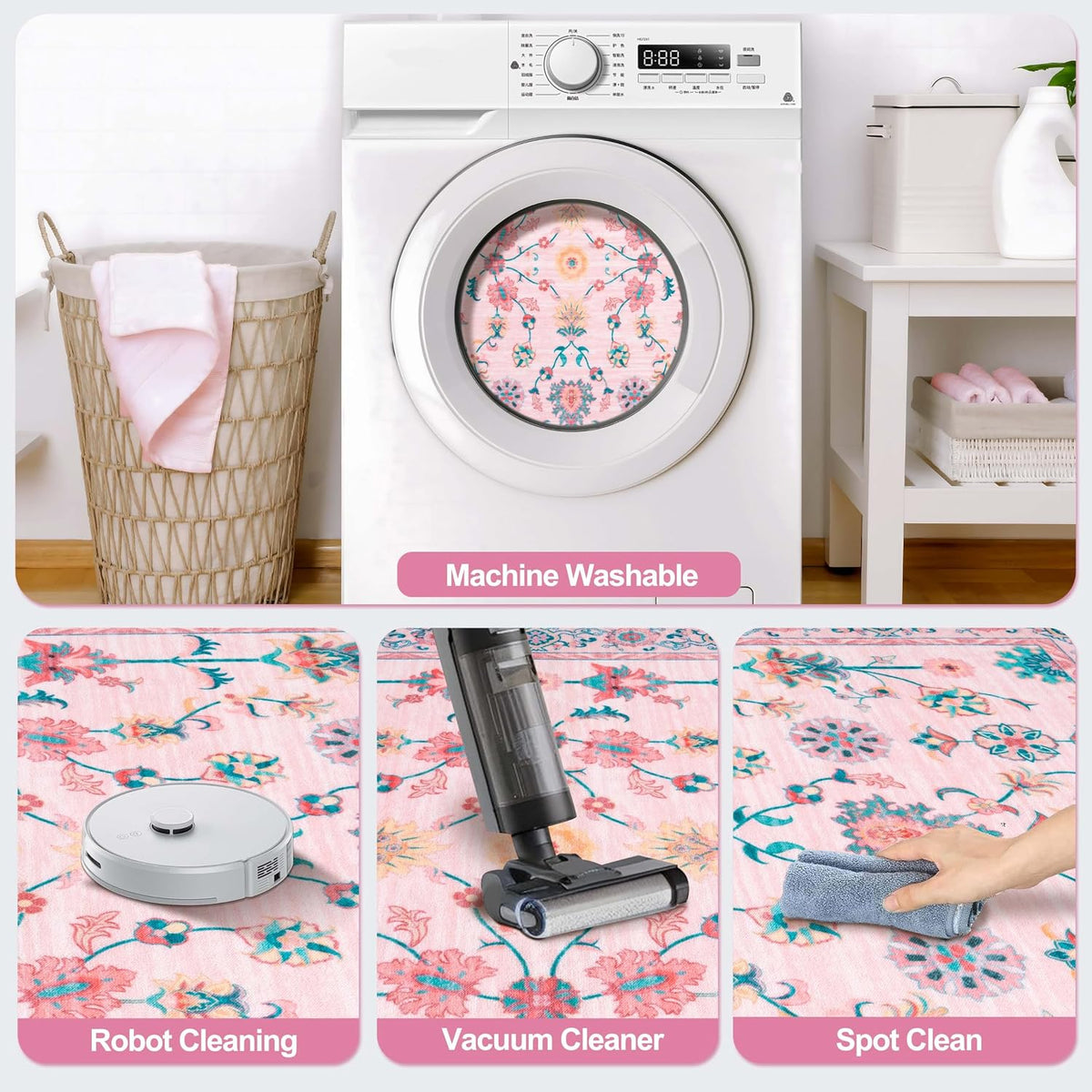 Pink Floral Small Rug for Entryway,2x3 Washable Entry Rug Non Slip
