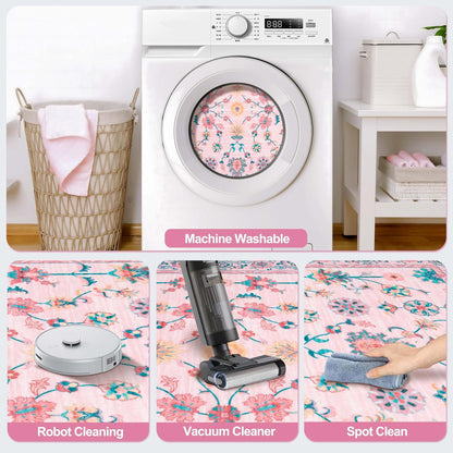 Pink Floral Small Rug for Entryway,2x3 Washable Entry Rug Non Slip