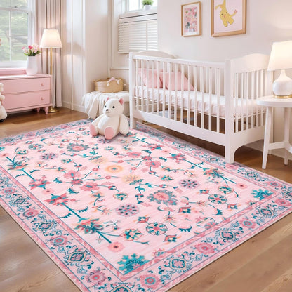 Pink Floral Small Rug for Entryway,2x3 Washable Entry Rug Non Slip
