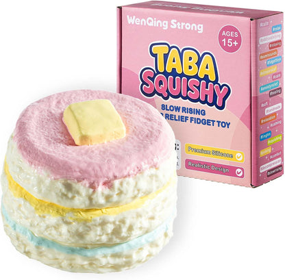 Stacked Pancake Taba Squishy Toy, Slow Rising Stress Relief Squeeze Toy Kawaii Colorful Pastel Rainbow Fidget Premium Silicone Handmade Gift for Adults 15+ By WenQing Strong