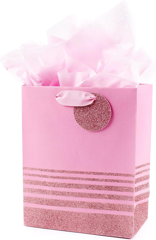 9" Medium Gift Bag with Tissue Paper (Pink Glitter Stripes) for Valentines Day, Birthdays, Baby Showers, Bridal Showers or Any Occasion
