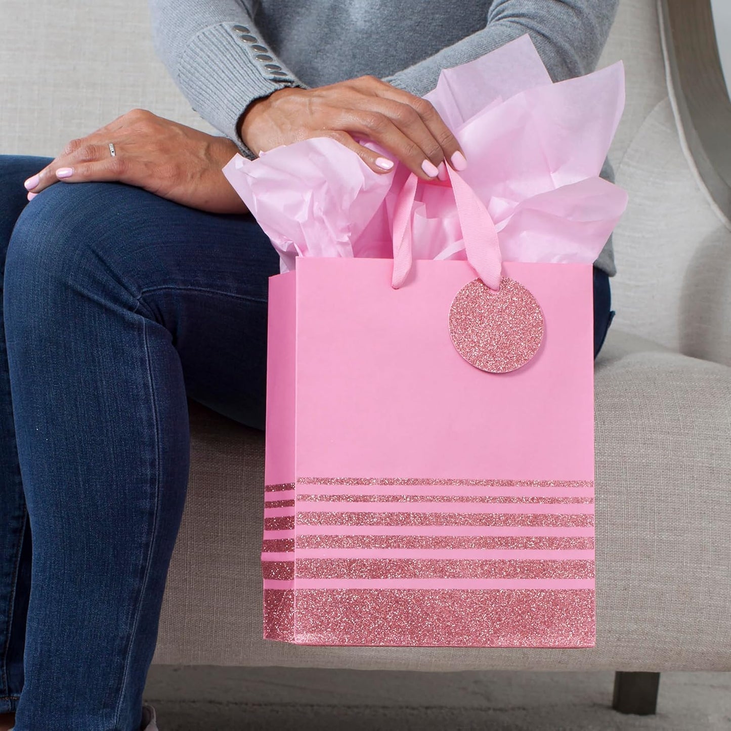 9" Medium Gift Bag with Tissue Paper (Pink Glitter Stripes) for Valentines Day, Birthdays, Baby Showers, Bridal Showers or Any Occasion