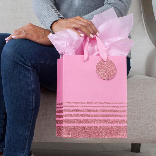 9" Medium Gift Bag with Tissue Paper (Pink Glitter Stripes) for Valentines Day, Birthdays, Baby Showers, Bridal Showers or Any Occasion