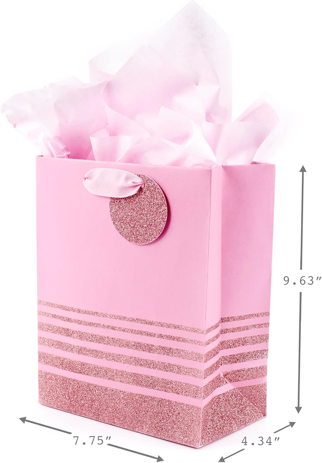 9" Medium Gift Bag with Tissue Paper (Pink Glitter Stripes) for Valentines Day, Birthdays, Baby Showers, Bridal Showers or Any Occasion