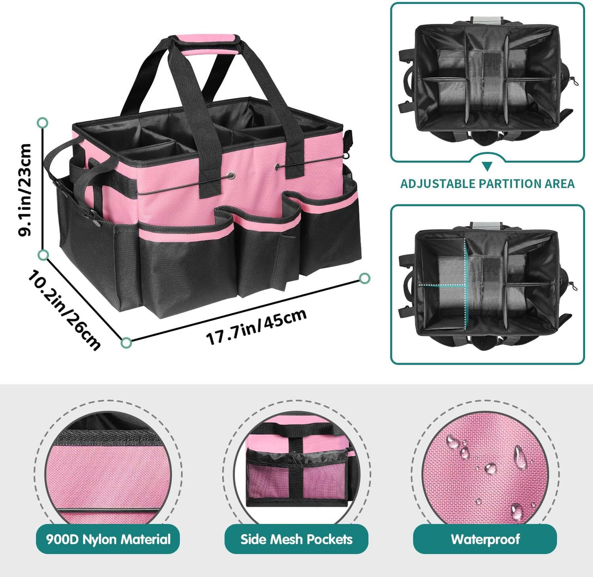 Cleaning Bags for Housekeepers, Large Cleaning Supplies Organizer with Handles & Shoulder Strap, Cleaning Caddy Bag with Foldable Divider for Cleaners, Car Horse Cleaning Bag(Pink)