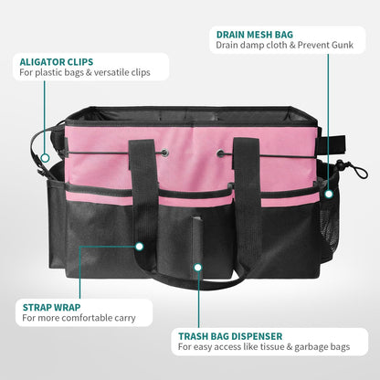 Cleaning Bags for Housekeepers, Large Cleaning Supplies Organizer with Handles & Shoulder Strap, Cleaning Caddy Bag with Foldable Divider for Cleaners, Car Horse Cleaning Bag(Pink)