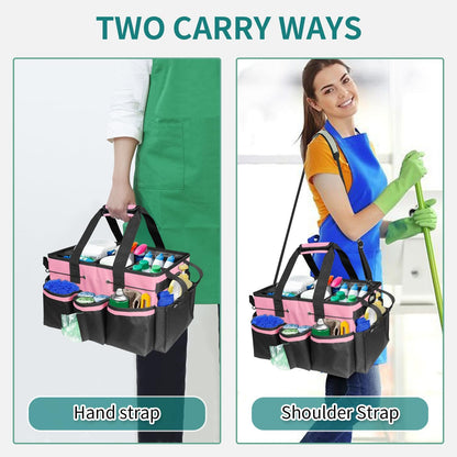Cleaning Bags for Housekeepers, Large Cleaning Supplies Organizer with Handles & Shoulder Strap, Cleaning Caddy Bag with Foldable Divider for Cleaners, Car Horse Cleaning Bag(Pink)
