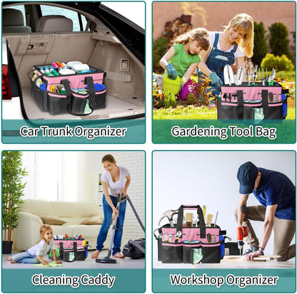 Cleaning Bags for Housekeepers, Large Cleaning Supplies Organizer with Handles & Shoulder Strap, Cleaning Caddy Bag with Foldable Divider for Cleaners, Car Horse Cleaning Bag(Pink)