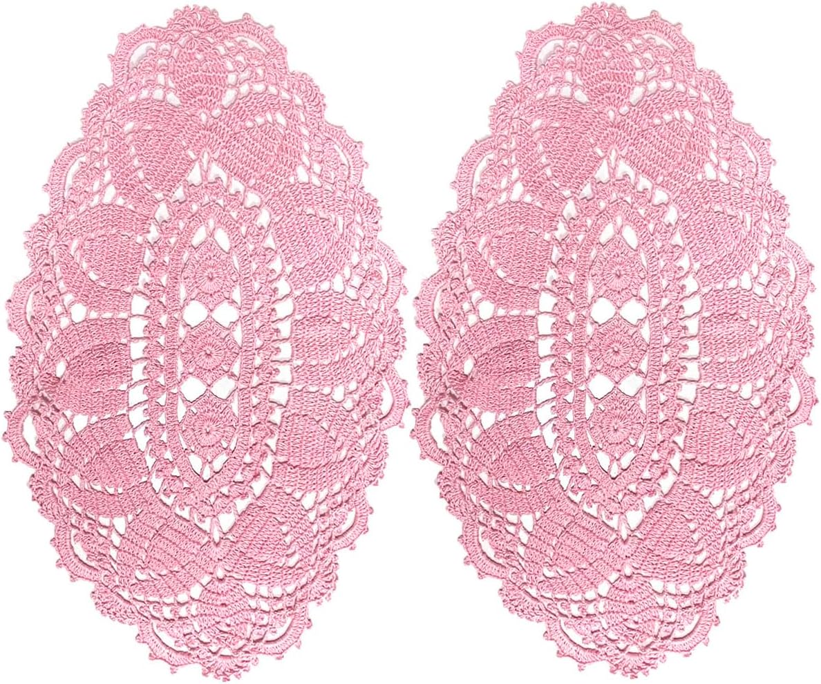 2PCS 11" x 22" Lace Doilies Placemats Oval Crochet Doily Pink Mother's Day Wedding Place mats Round Flower Handmade Table Mat for Kitchen