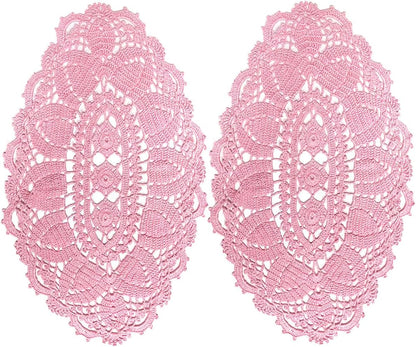 2PCS 11" x 22" Lace Doilies Placemats Oval Crochet Doily Pink Mother's Day Wedding Place mats Round Flower Handmade Table Mat for Kitchen