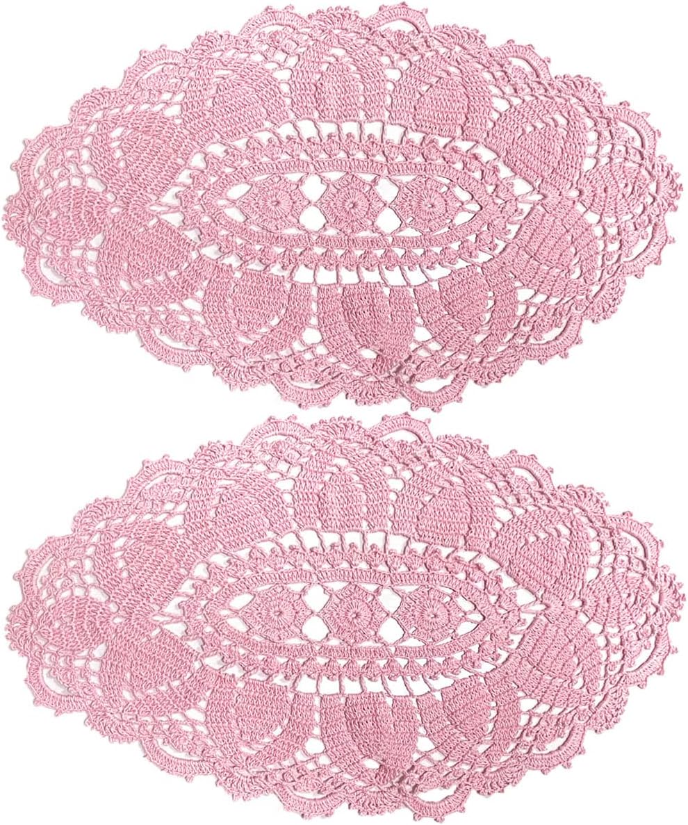 2PCS 11" x 22" Lace Doilies Placemats Oval Crochet Doily Pink Mother's Day Wedding Place mats Round Flower Handmade Table Mat for Kitchen