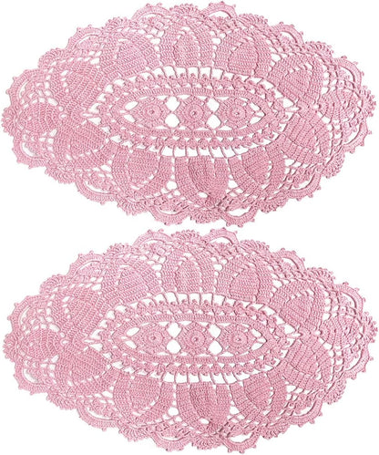 2PCS 11" x 22" Lace Doilies Placemats Oval Crochet Doily Pink Mother's Day Wedding Place mats Round Flower Handmade Table Mat for Kitchen