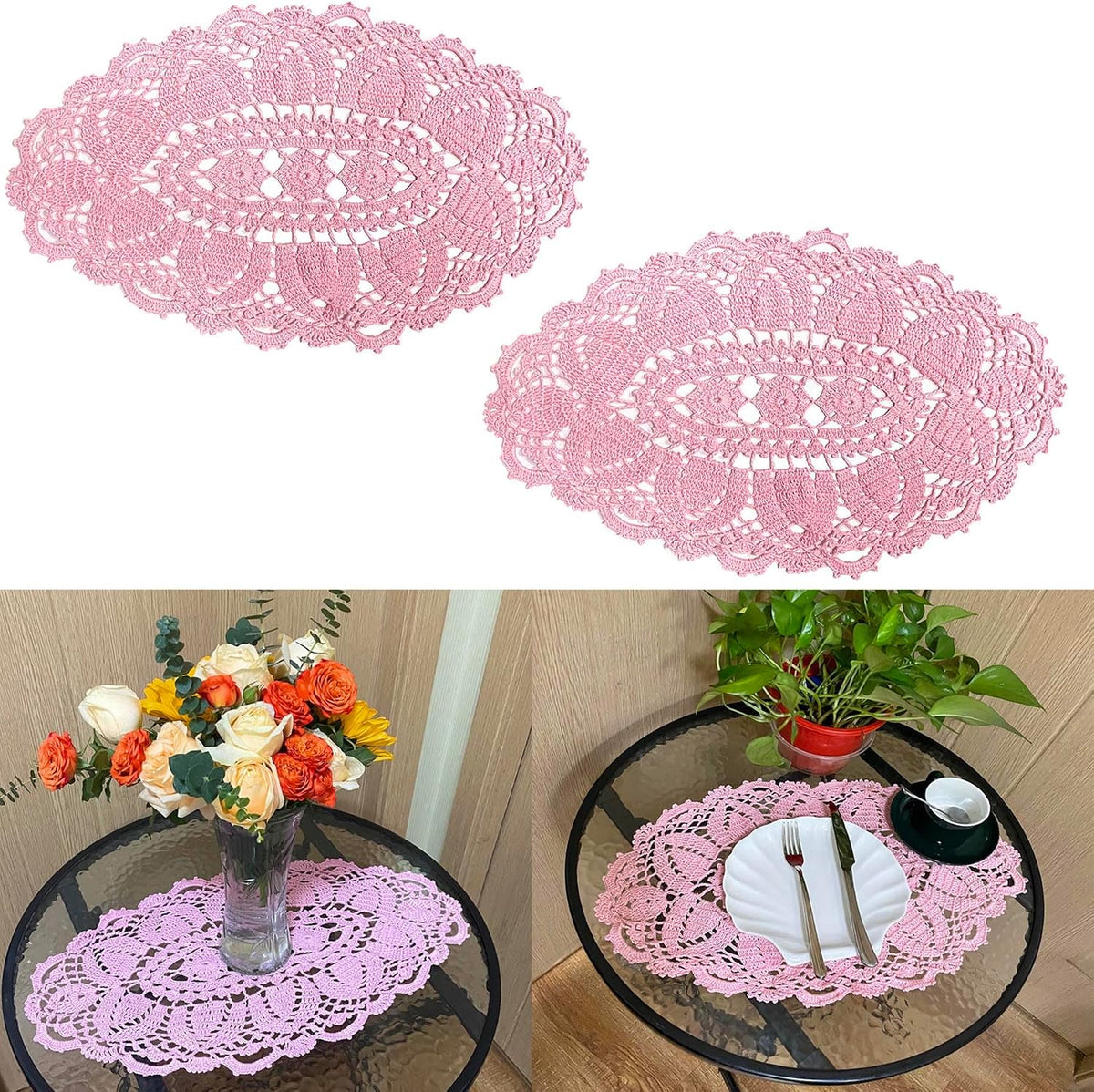 2PCS 11" x 22" Lace Doilies Placemats Oval Crochet Doily Pink Mother's Day Wedding Place mats Round Flower Handmade Table Mat for Kitchen