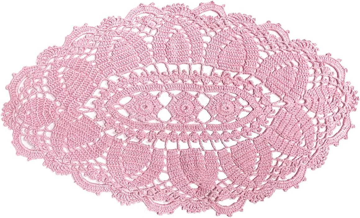 2PCS 11" x 22" Lace Doilies Placemats Oval Crochet Doily Pink Mother's Day Wedding Place mats Round Flower Handmade Table Mat for Kitchen