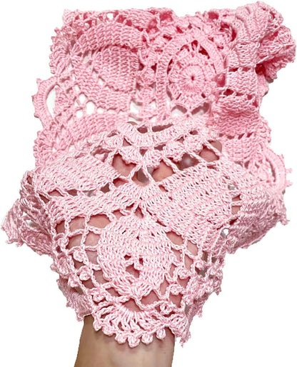 2PCS 11" x 22" Lace Doilies Placemats Oval Crochet Doily Pink Mother's Day Wedding Place mats Round Flower Handmade Table Mat for Kitchen