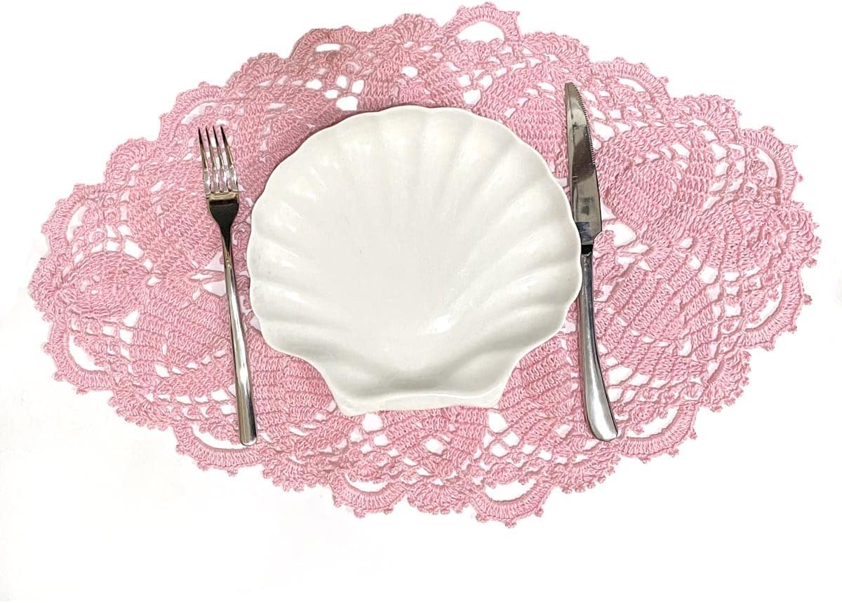 2PCS 11" x 22" Lace Doilies Placemats Oval Crochet Doily Pink Mother's Day Wedding Place mats Round Flower Handmade Table Mat for Kitchen