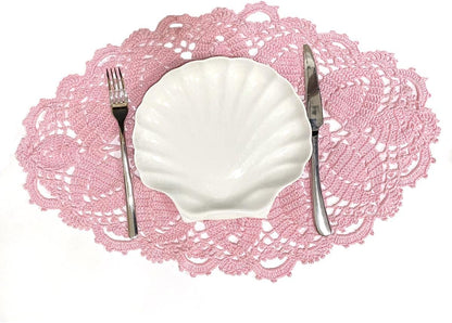 2PCS 11" x 22" Lace Doilies Placemats Oval Crochet Doily Pink Mother's Day Wedding Place mats Round Flower Handmade Table Mat for Kitchen
