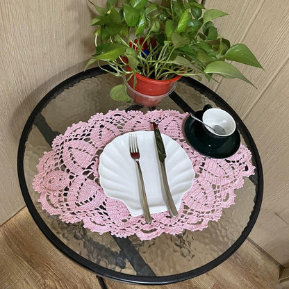 2PCS 11" x 22" Lace Doilies Placemats Oval Crochet Doily Pink Mother's Day Wedding Place mats Round Flower Handmade Table Mat for Kitchen