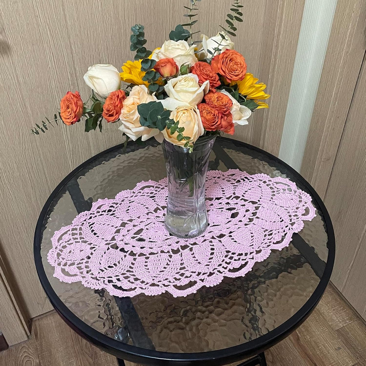 2PCS 11" x 22" Lace Doilies Placemats Oval Crochet Doily Pink Mother's Day Wedding Place mats Round Flower Handmade Table Mat for Kitchen