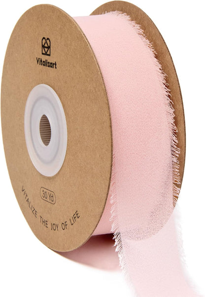 1" x 30 Yd Pink Chiffon Ribbon Light Pink Silk Like Handmade Fringe Fabric Ribbons for Valentines Day Gift Wrapping Wedding Invitations Bridal Bouquets Party Decoration