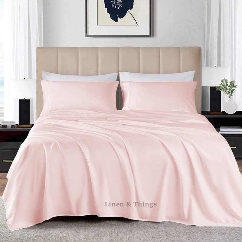King Size Sheet Set Egyptian Cotton 600 Thread Count - 4Pcs Bed Sheets Set fits Upto 8-12" Deep Pocket, Silky Soft Sateen Sheets - Blush Solid