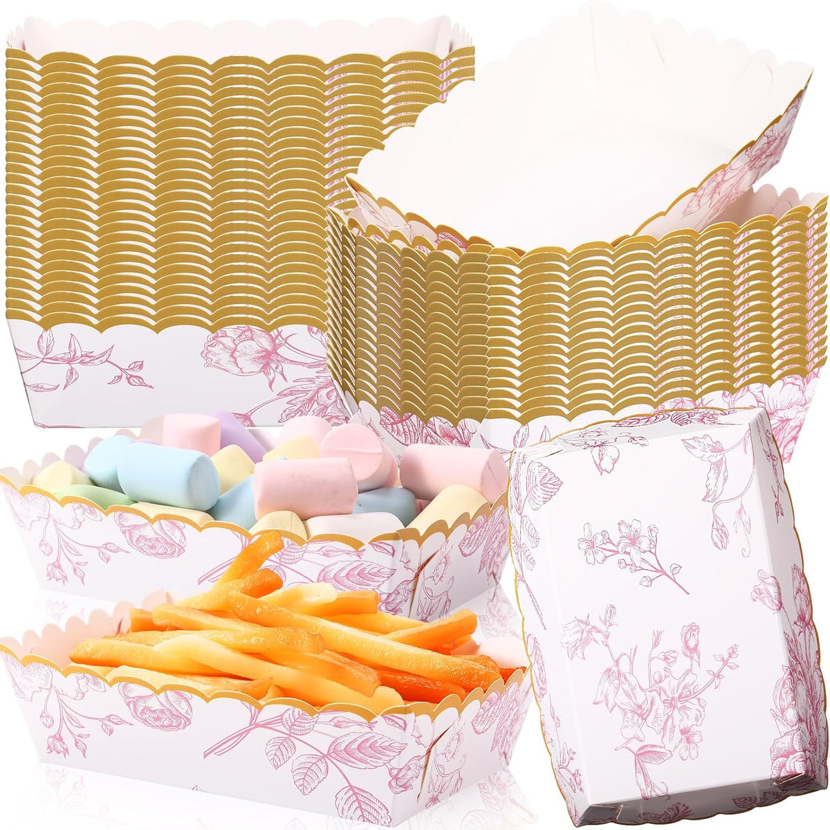 48 Pack Pink Floral Plates Paper Food Trays Scalloped Disposable Bowl Food Boat Nachos Snack Hot Dog Taco Serving Trays for Birthday Bridal Shower Wedding Tea Party Decoration Supplies