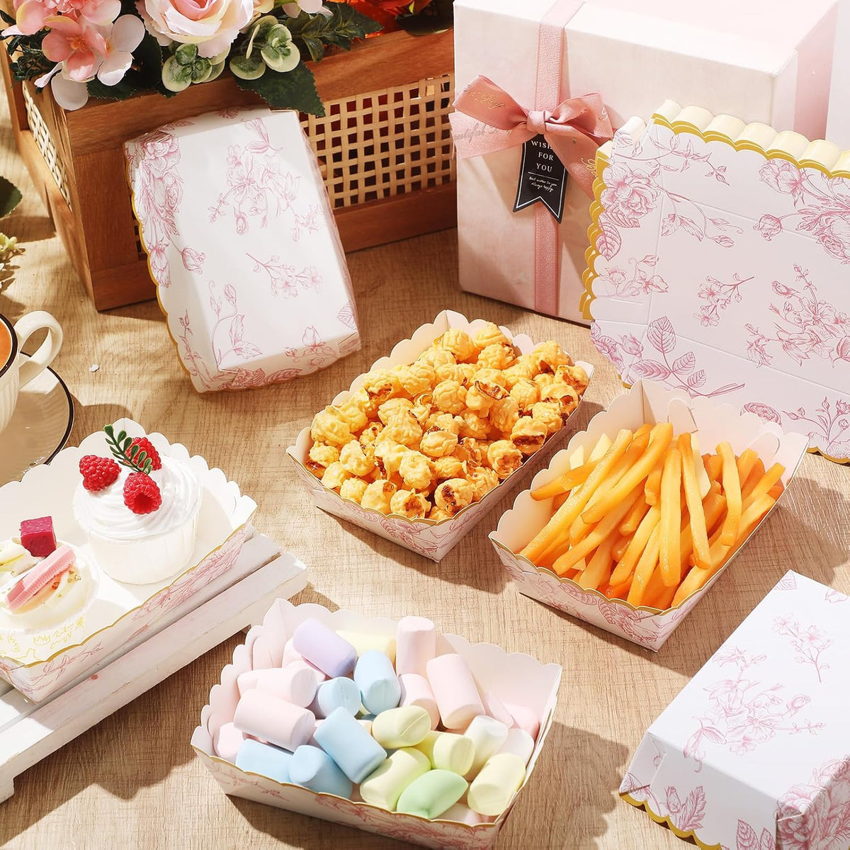 48 Pack Pink Floral Plates Paper Food Trays Scalloped Disposable Bowl Food Boat Nachos Snack Hot Dog Taco Serving Trays for Birthday Bridal Shower Wedding Tea Party Decoration Supplies
