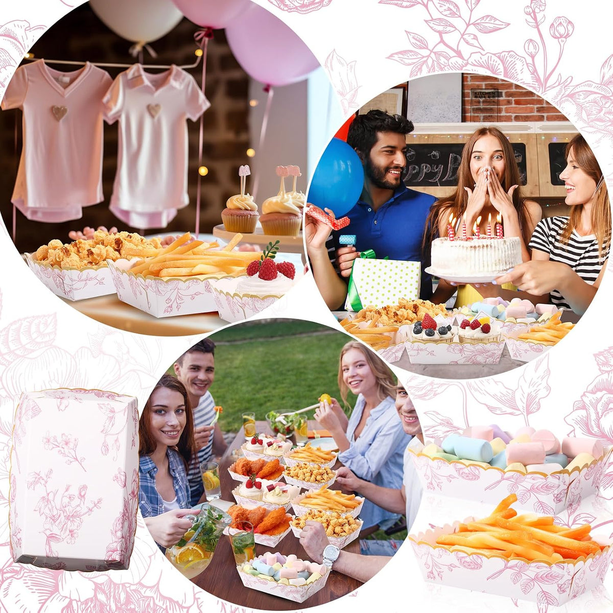 48 Pack Pink Floral Plates Paper Food Trays Scalloped Disposable Bowl Food Boat Nachos Snack Hot Dog Taco Serving Trays for Birthday Bridal Shower Wedding Tea Party Decoration Supplies