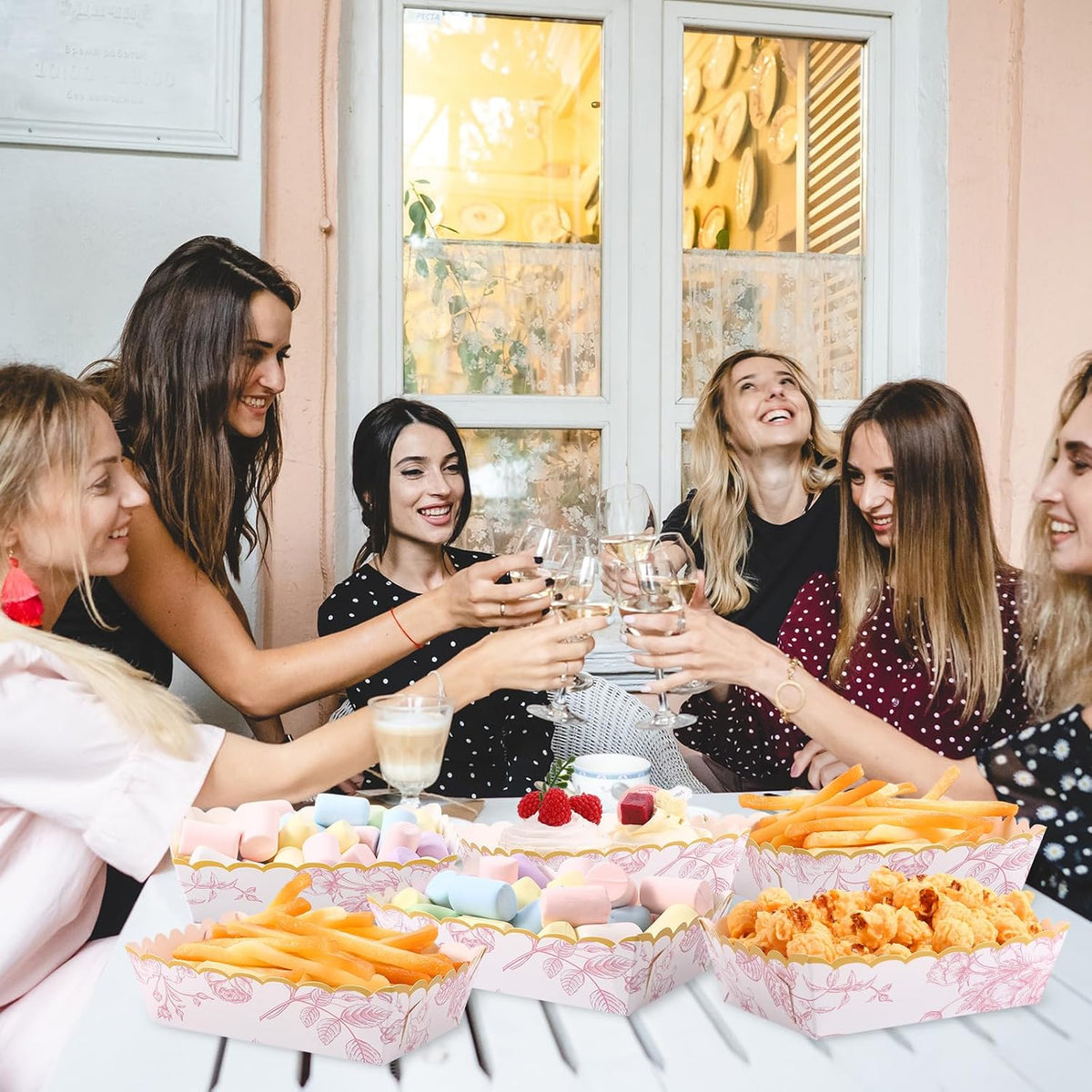 48 Pack Pink Floral Plates Paper Food Trays Scalloped Disposable Bowl Food Boat Nachos Snack Hot Dog Taco Serving Trays for Birthday Bridal Shower Wedding Tea Party Decoration Supplies