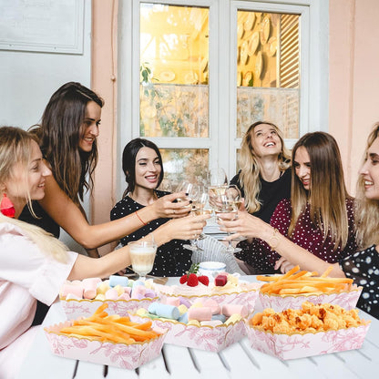 48 Pack Pink Floral Plates Paper Food Trays Scalloped Disposable Bowl Food Boat Nachos Snack Hot Dog Taco Serving Trays for Birthday Bridal Shower Wedding Tea Party Decoration Supplies